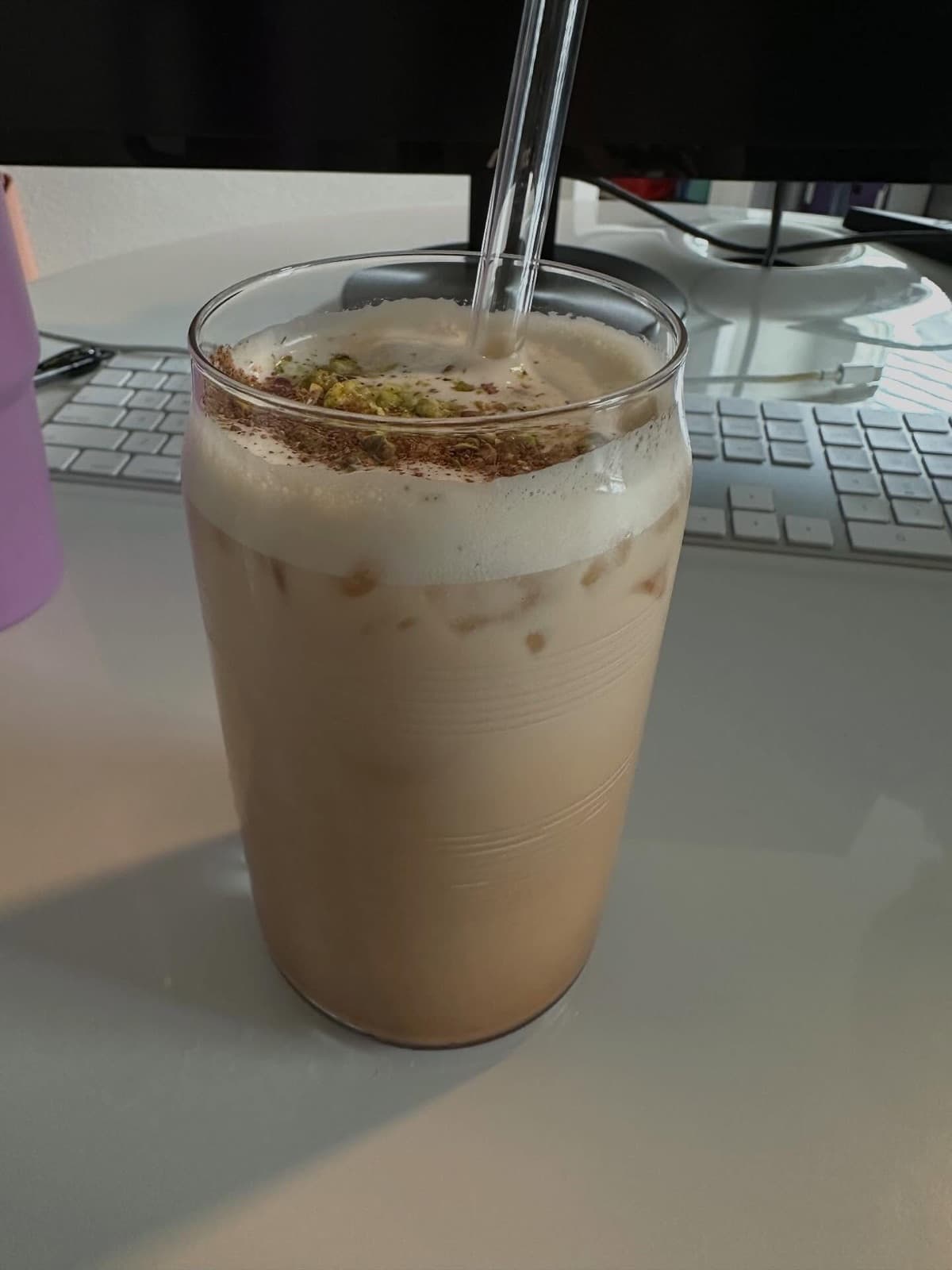 Iced rose pistachio latte